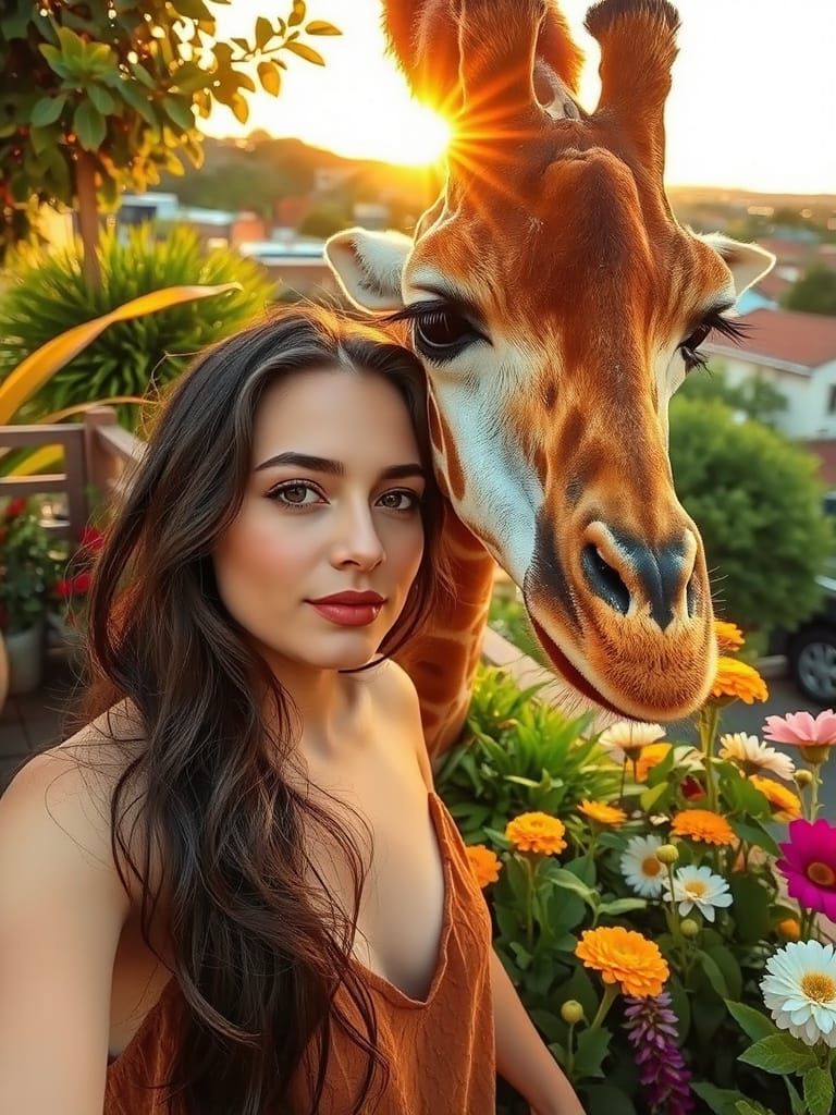Woman and Giraffe Rooftop Garden Selfie