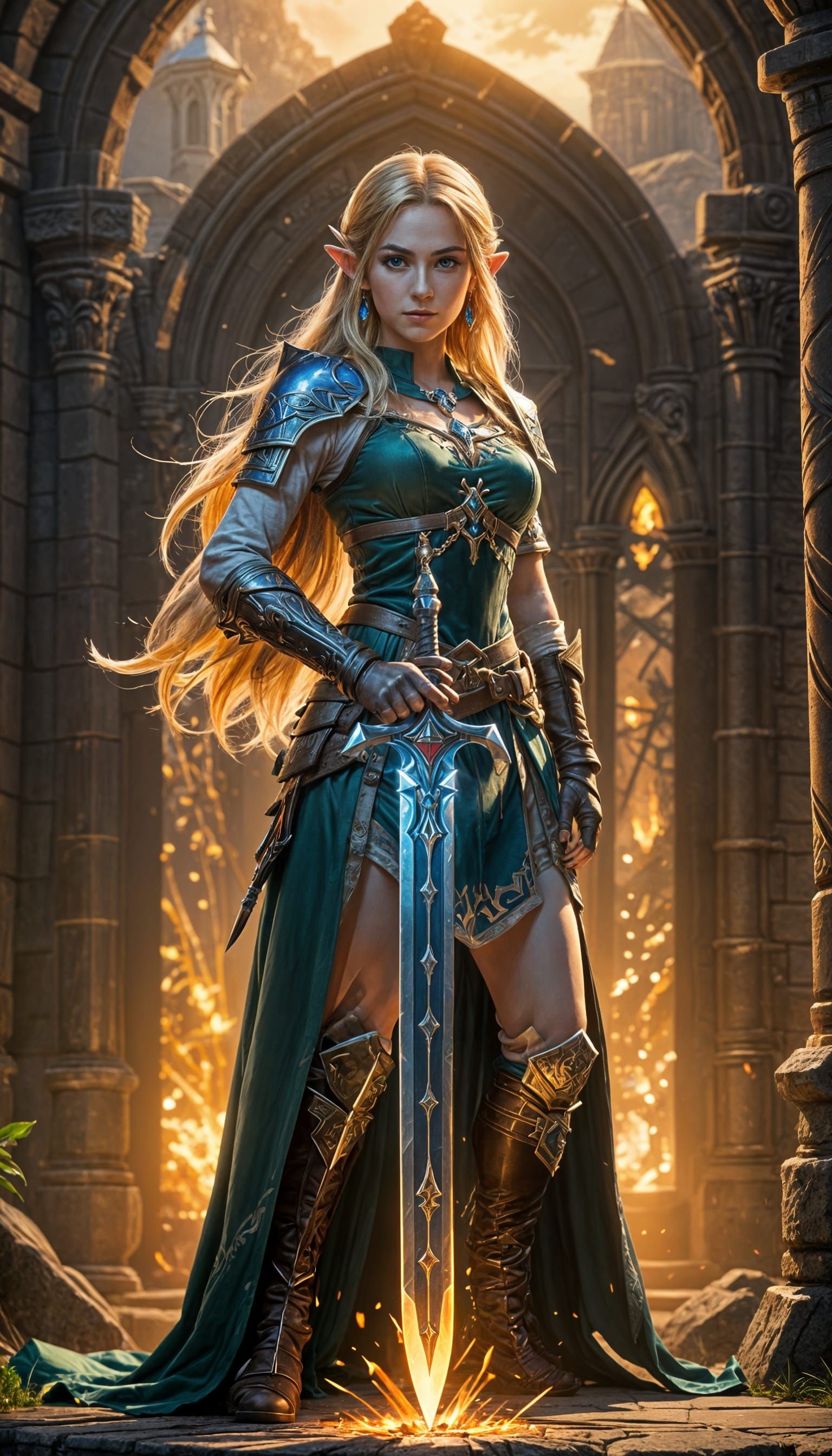 Zelda Poses With Master Sword in Fantasy Art Style