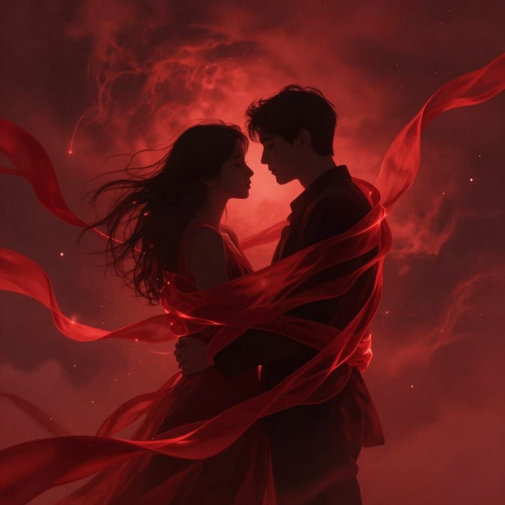 Dreamlike Expressionist Scene: Red Tempest and Silhouettes