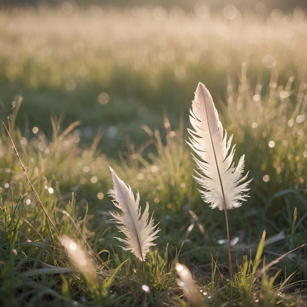 Sunlit Feather Gently Falls in Meadow