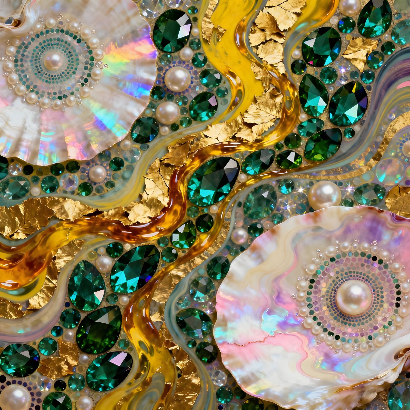 Surreal Collage Artwork with Gold Leaf and Gemstones