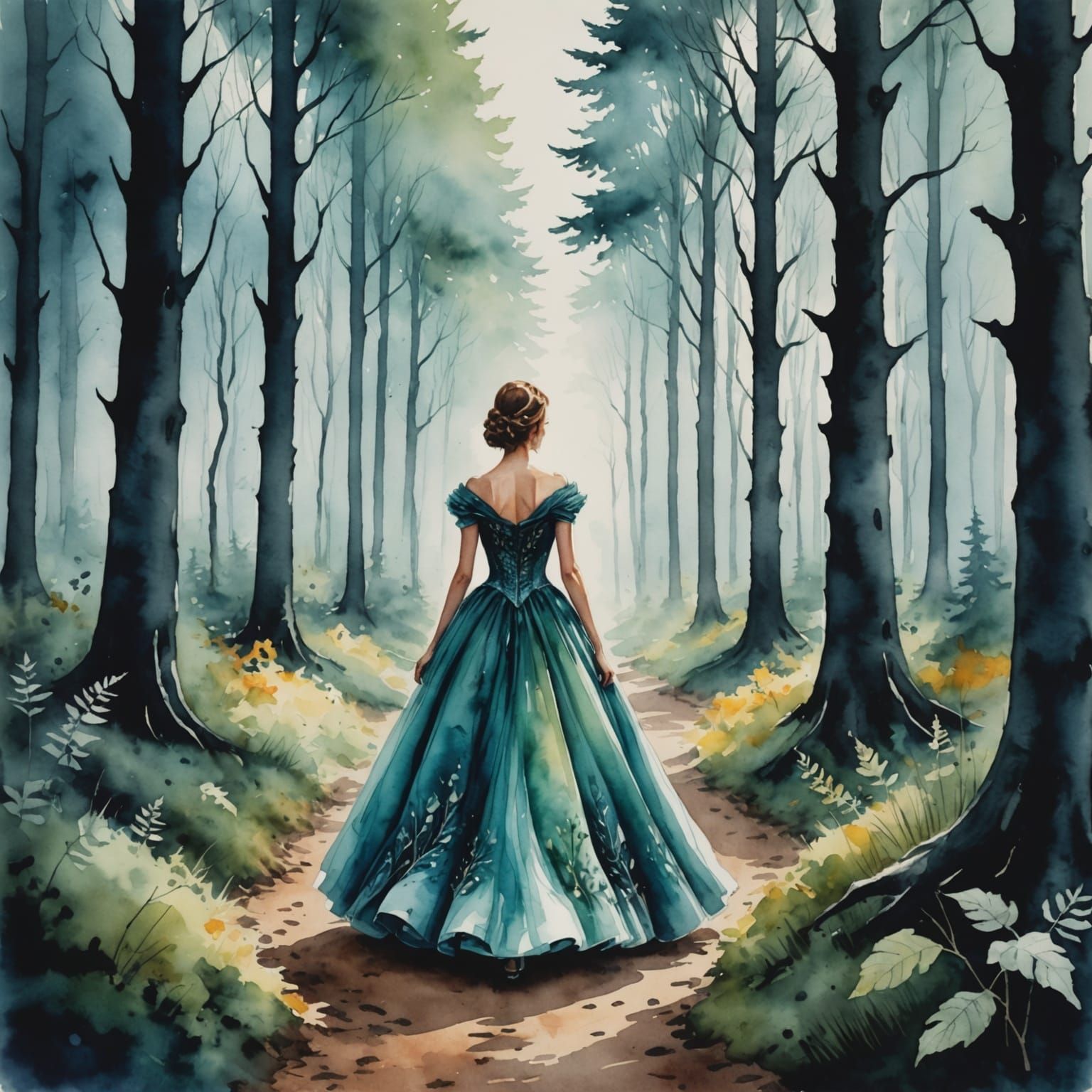 Woman Enters Enchanted Forest in Whimsical Watercolor Style