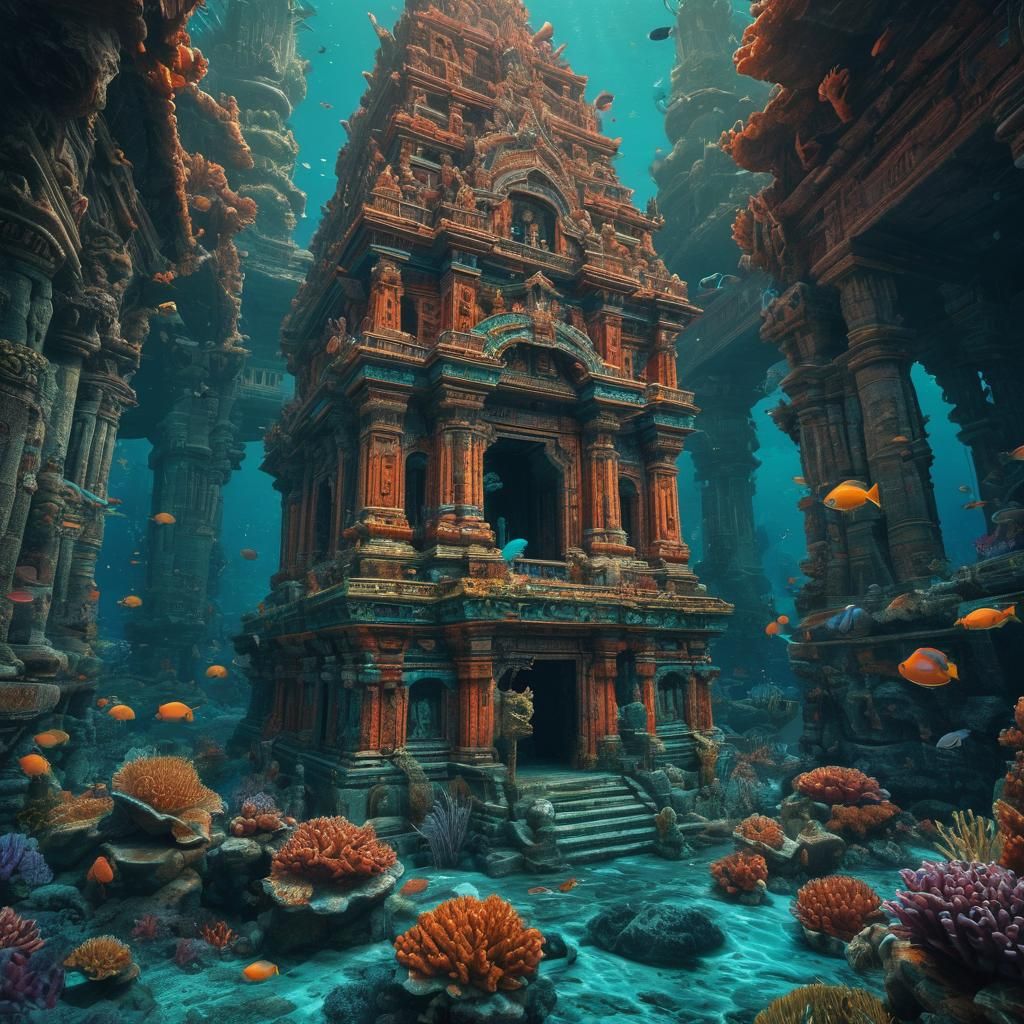 Underwater Coral Temple: Vibrant Fantasy Concept Art