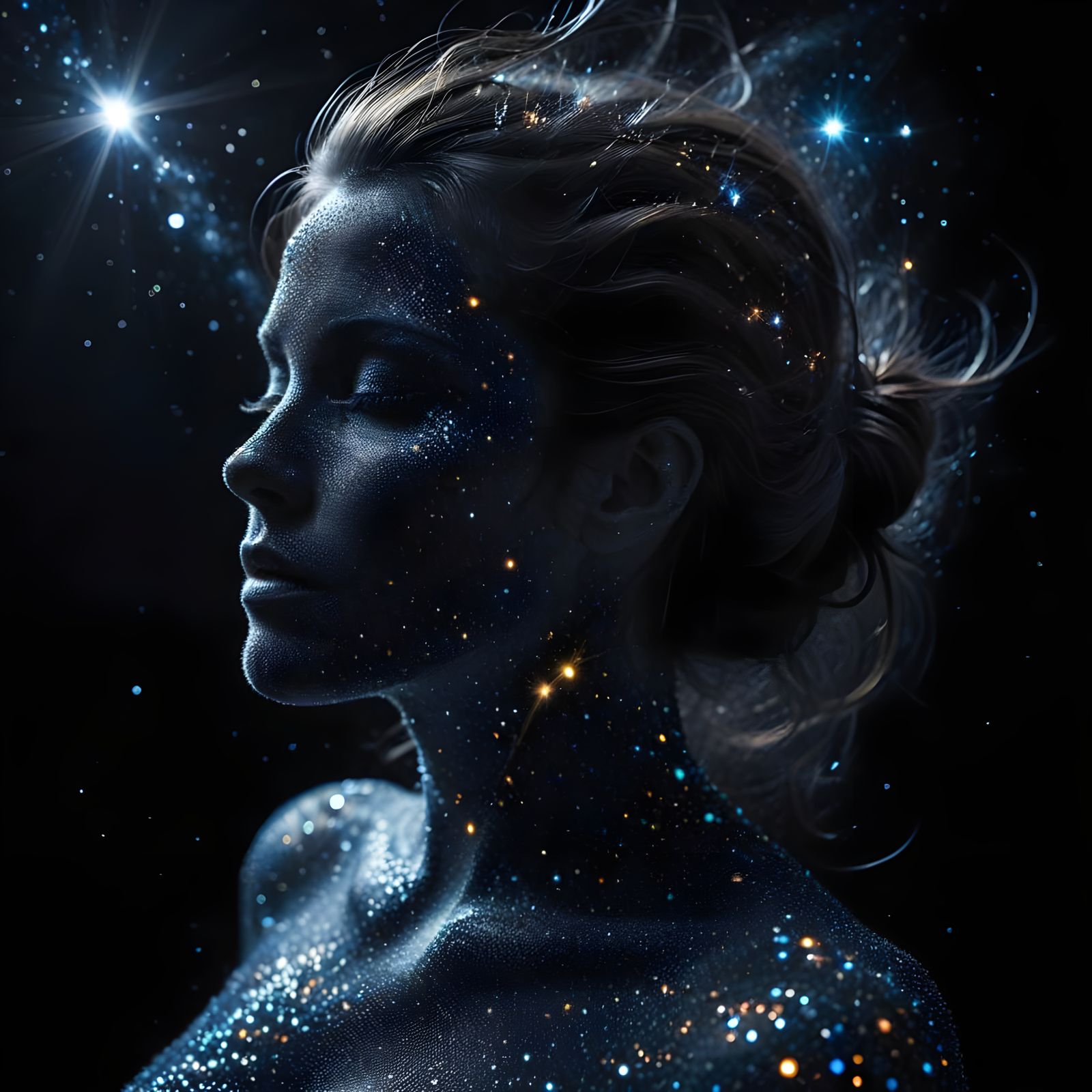 Glowing Silhouette of a Woman Filled with Stardust