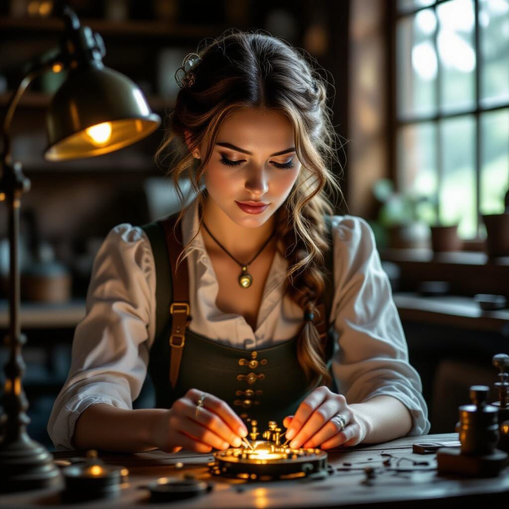 Steampunk Woman Tinkering with Glowing Mechanics