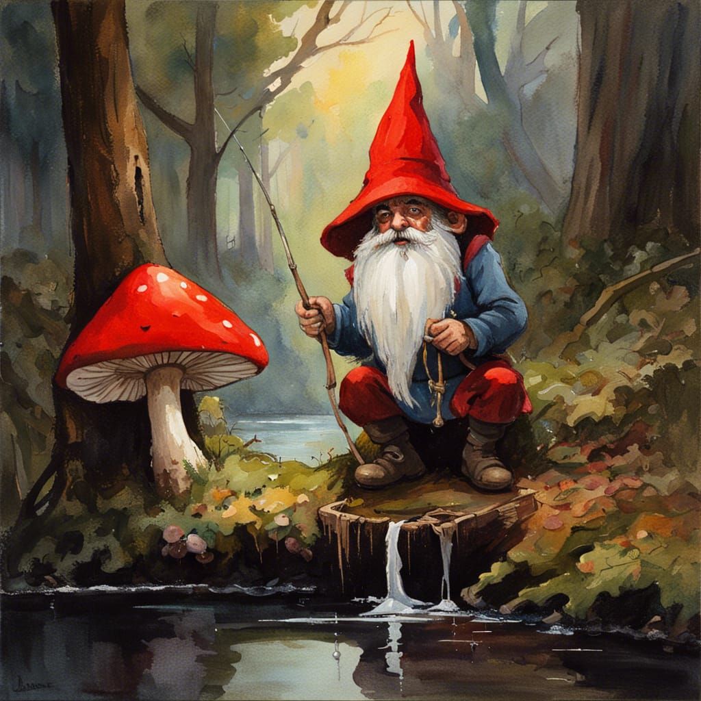 Gnome Fishing in Dark Fantasy Forest Watercolor