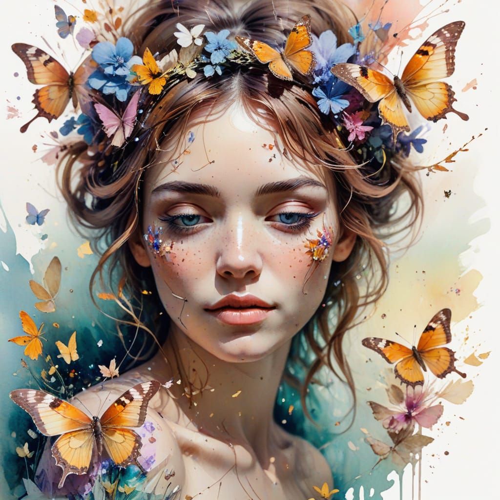 Whimsical Watercolor Girl with Butterflies in Sunlight