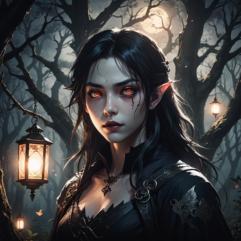 Mysterious Vampire in Dark Anime Fantasy Forest