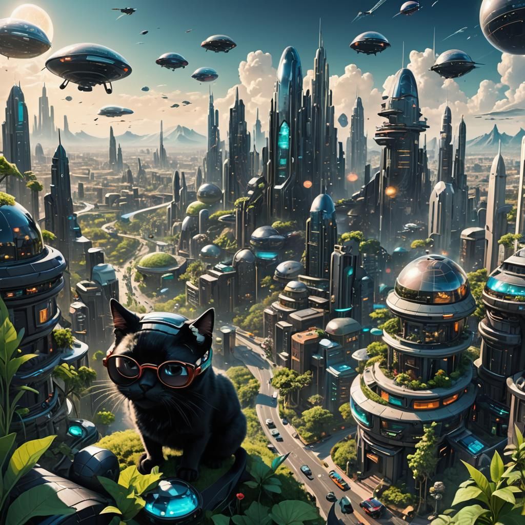 Futuristic Cityscape Watched by a Cat