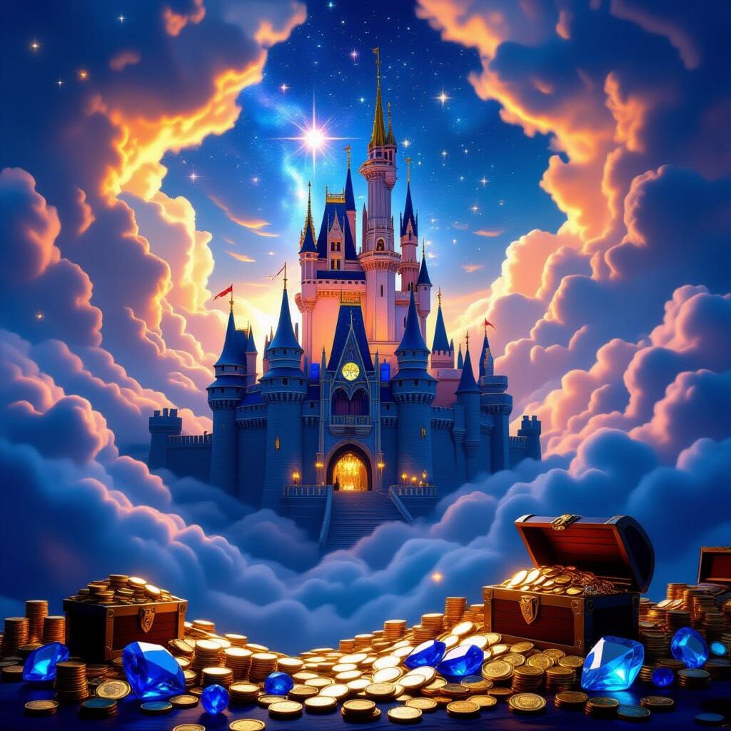 Majestic Floating Castle With Treasures in Starry Sky