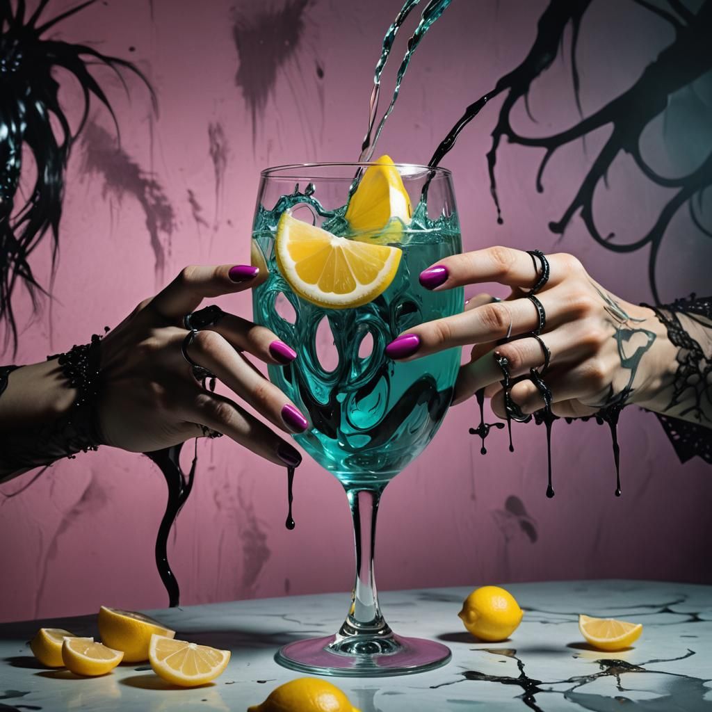 Gothic Hand Pouring Black Lemonade in Surreal Style