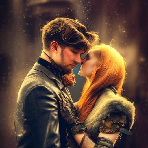 Steampunk Lovers Embrace in Hyperrealistic Splash Art