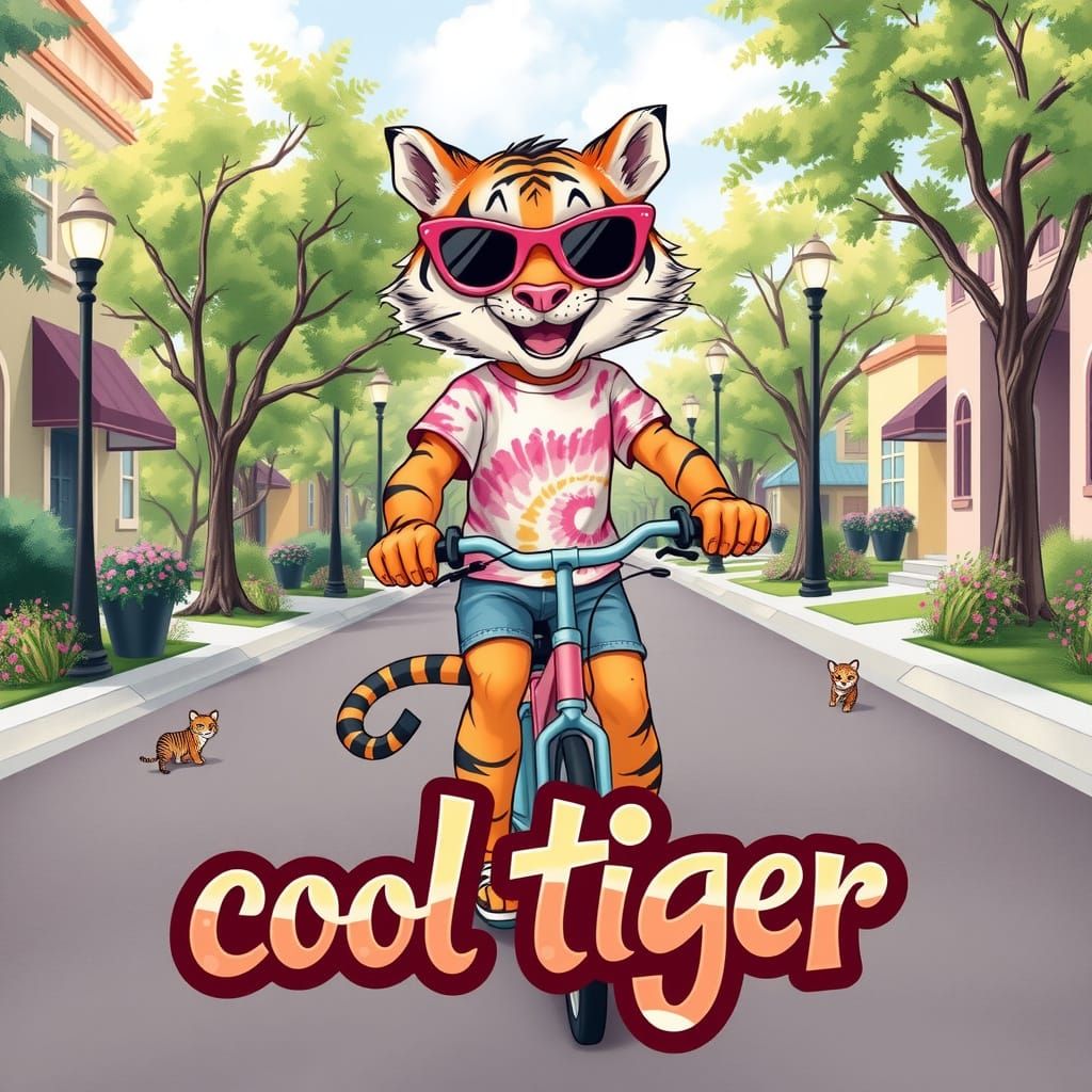 A smiling 8-year-old humanoid female tiger wearing pink sung...