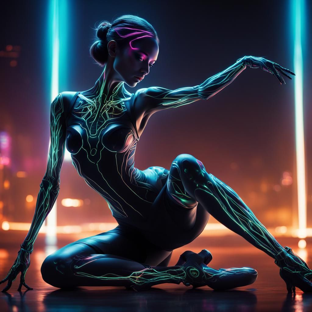 Cyberpunk Ballerina with Bioluminescent Robot Legs