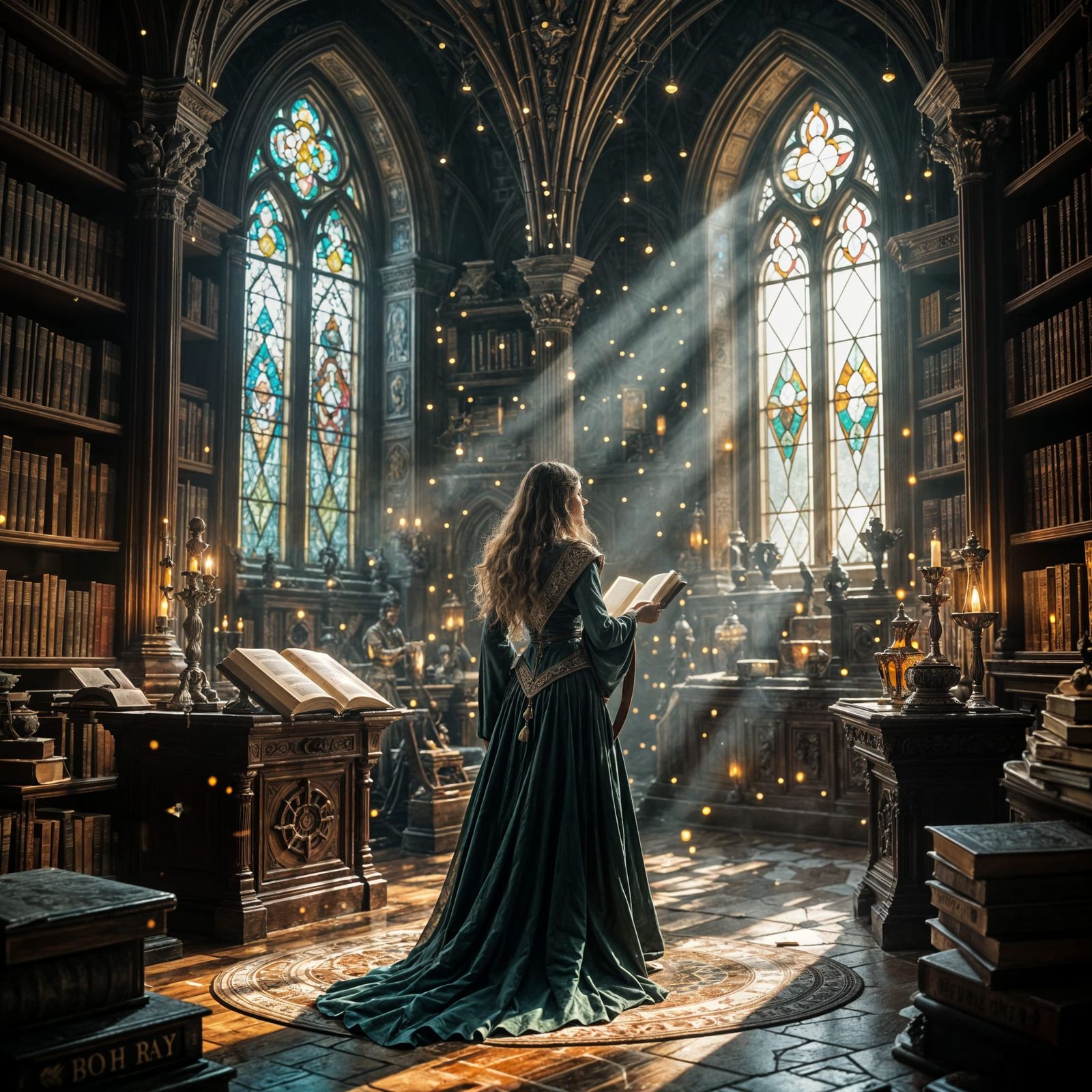 Elven Sorceress in Grand Library: Cinematic Film Still
