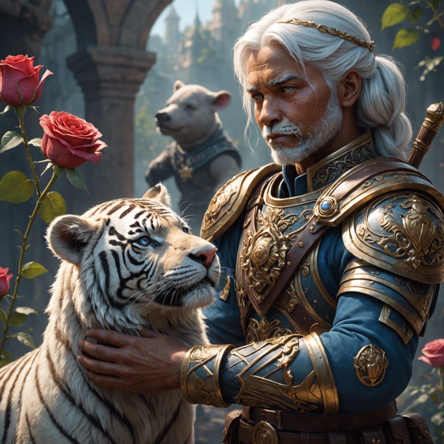 Animal-Human Hero Offering Rose to Angelic Princess