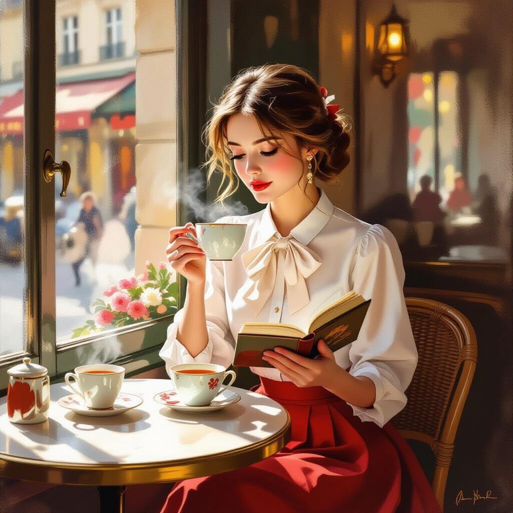 Woman Reading in French Cafe, Impressionist Style