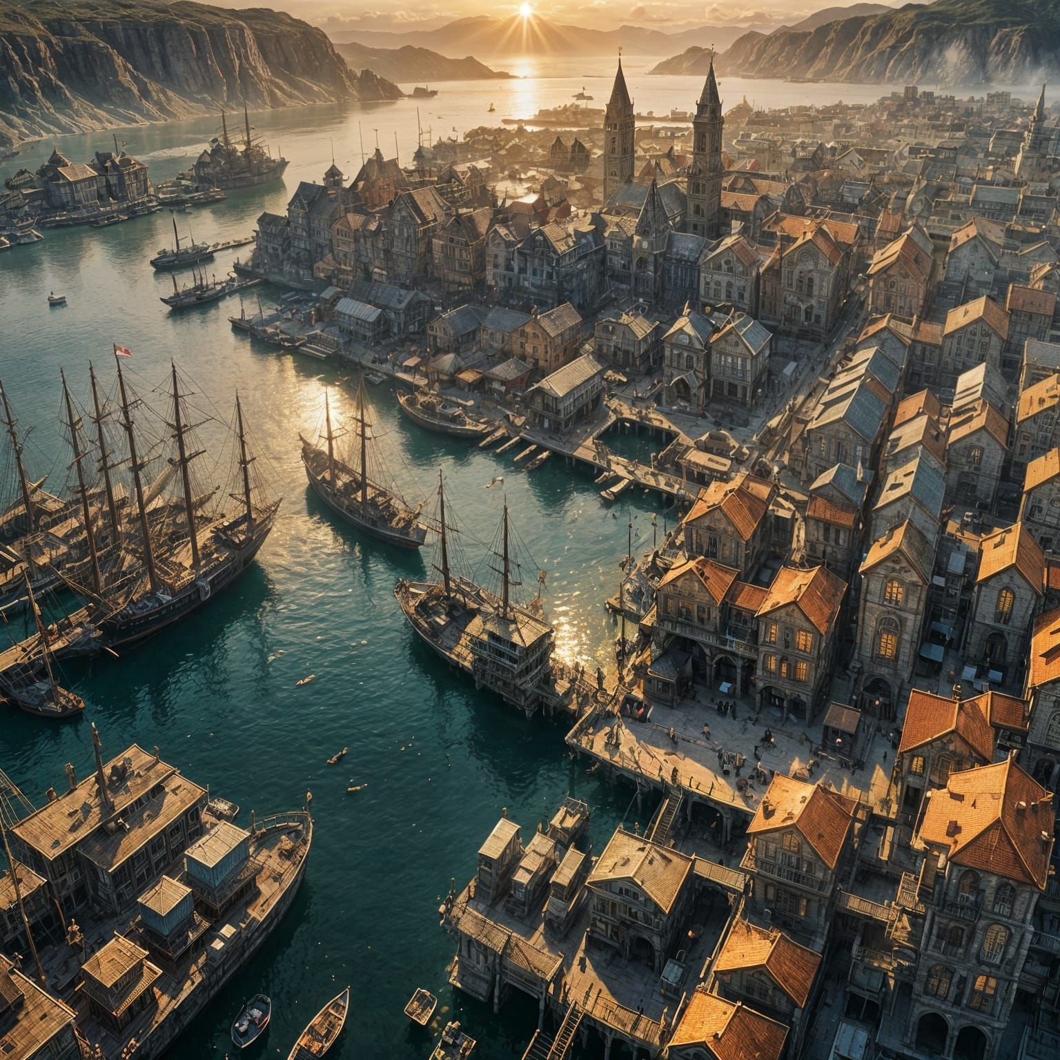 Epic High Fantasy Coastal City at Dawn
