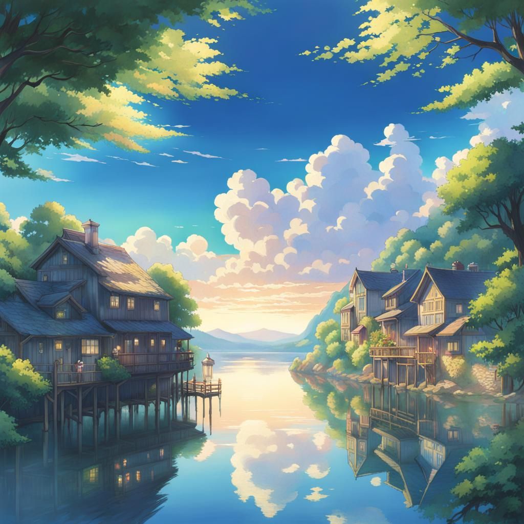 Fantasy Town Reflected in Lake, Anime Art Style