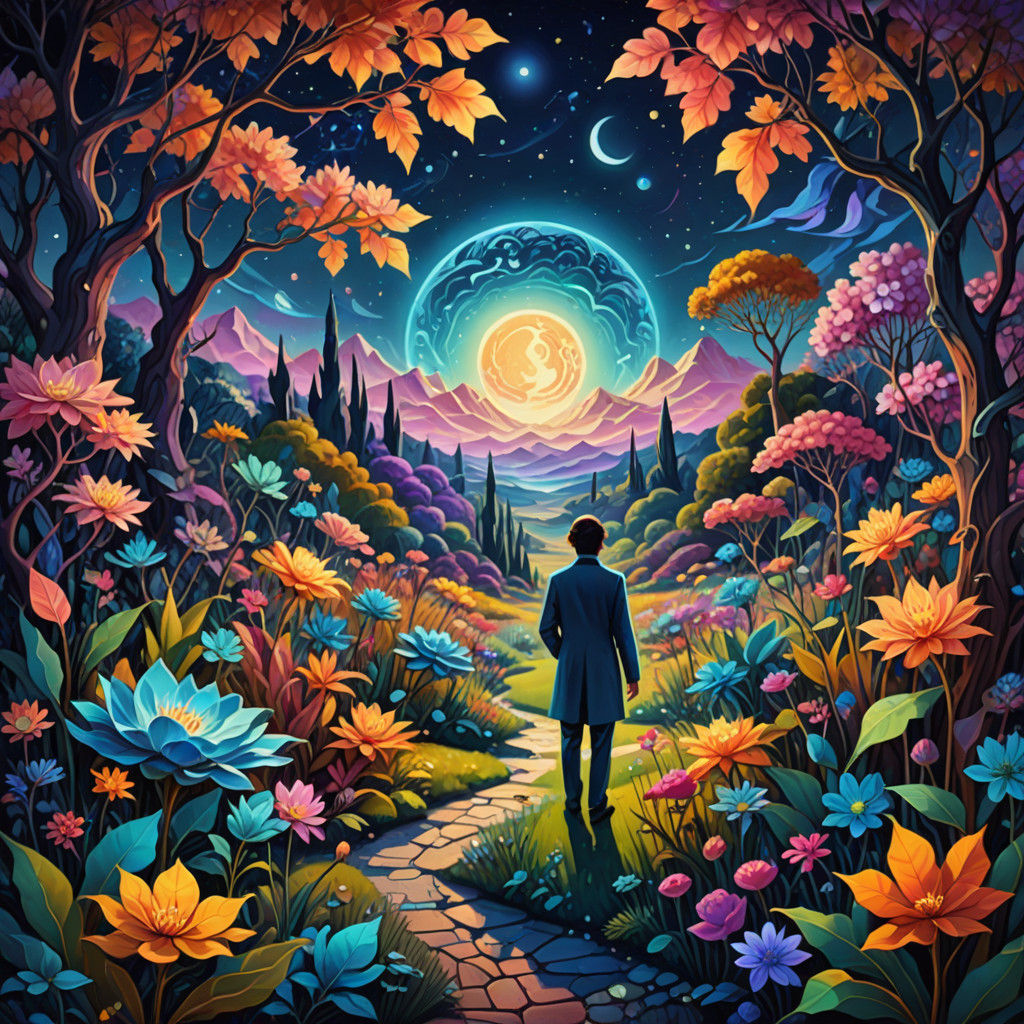 Lone Figure in Vibrant, Dreamlike Autumn Garden