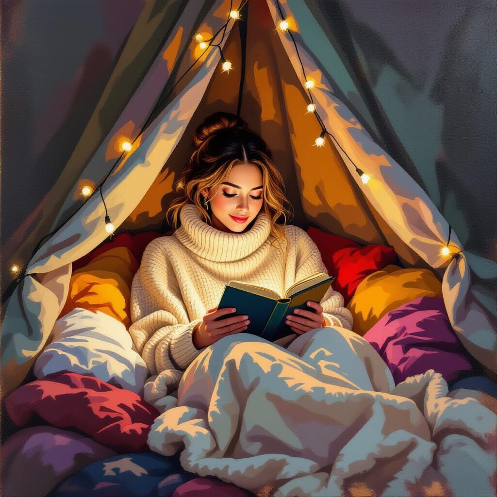 Cozy Woman Reading in Blanket Fort (Gouache)