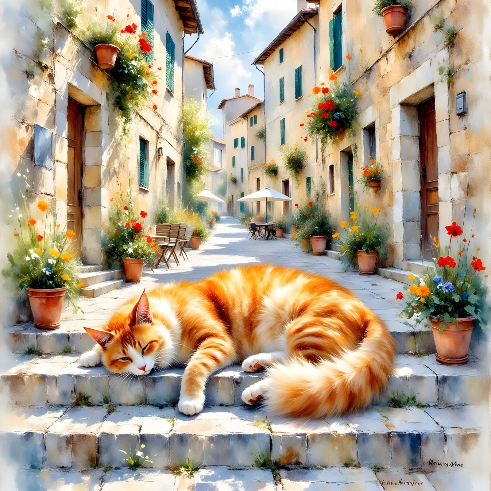 Cat Sleeping in Italian Alley as Watercolor Ink Drawing