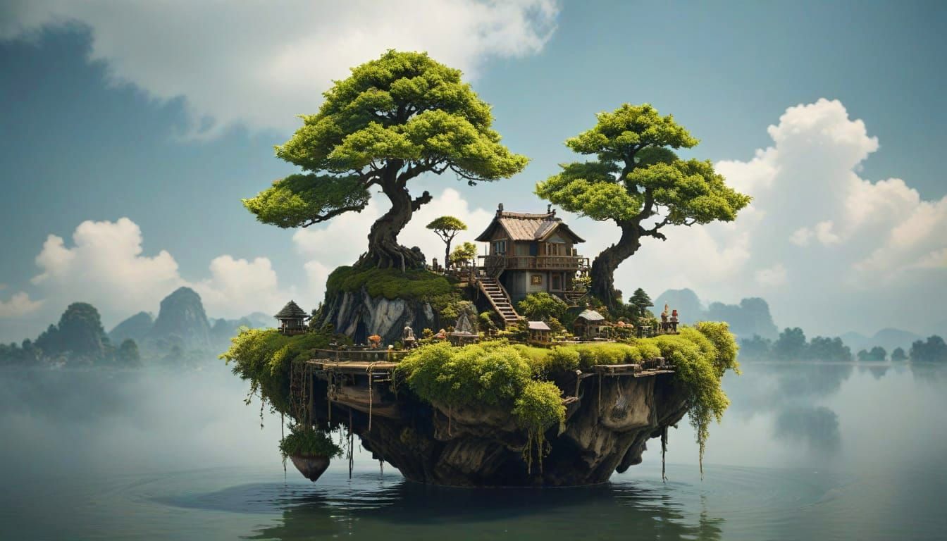 Bonsai Village on a Serene Floating Island