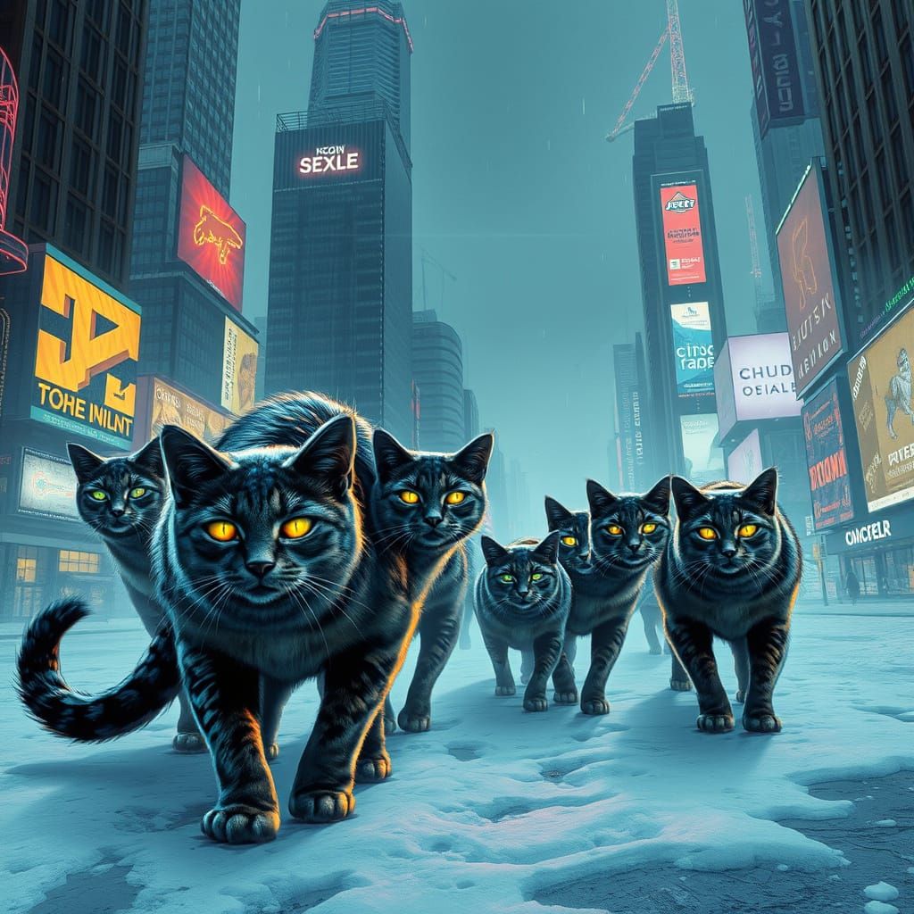 Majestic Cyberpunk Cats Prowl Snowy Metropolis