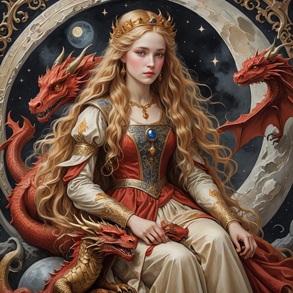 Medieval Princess with Dragon Companion, Pre-Raphaelite Styl...