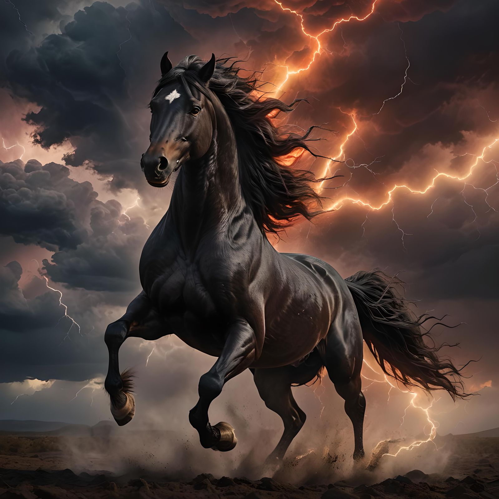 Majestic Horse Galloping Through Storm in Dark Fantasy Style