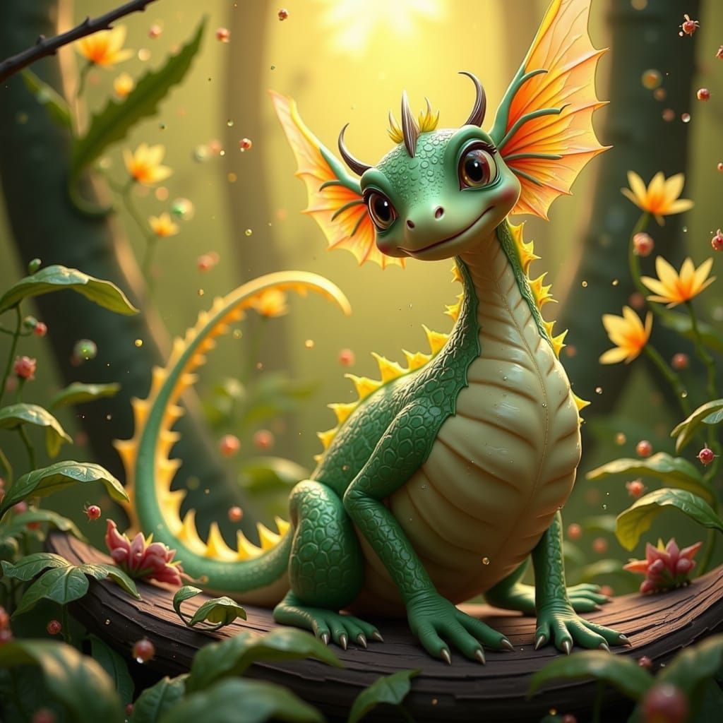 Whimsical Honeydew Melon Dragon in Fantastical Forest
