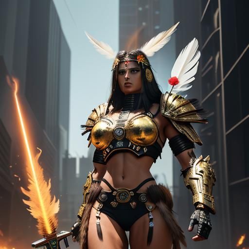 Aztec Warrior Woman with Flaming Sword in Cyberpunk Style