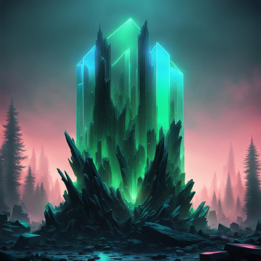 Neon Crystals in a Cyberpunk Forest Monolith
