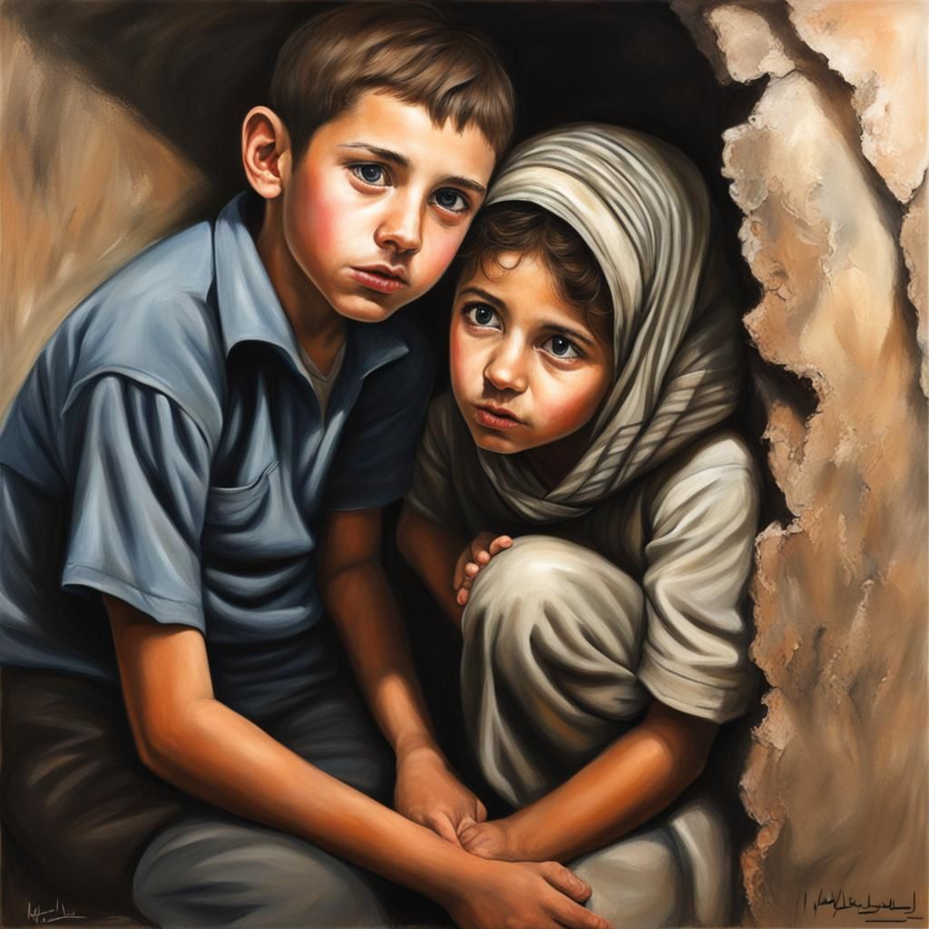 Children Hiding Together in Bomb Shelter Painting