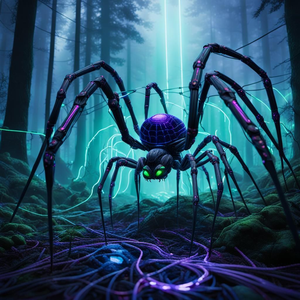 Electronic Spider in Misty Forest: Sci-Fi Concept Art