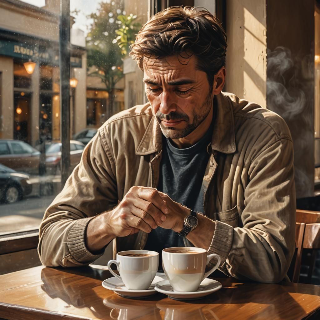 Melancholy Man Mourns Last Drop of Coffee