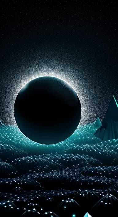 Surreal Black Orb Levitates Over Glowing Crystal Clusters