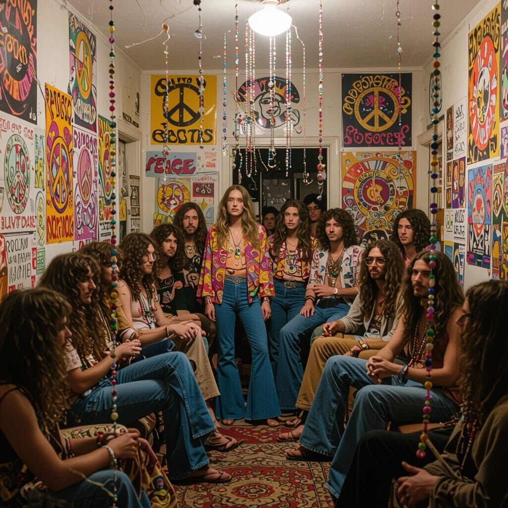 1960s Hippie Apartment Party Scene in Retro Style