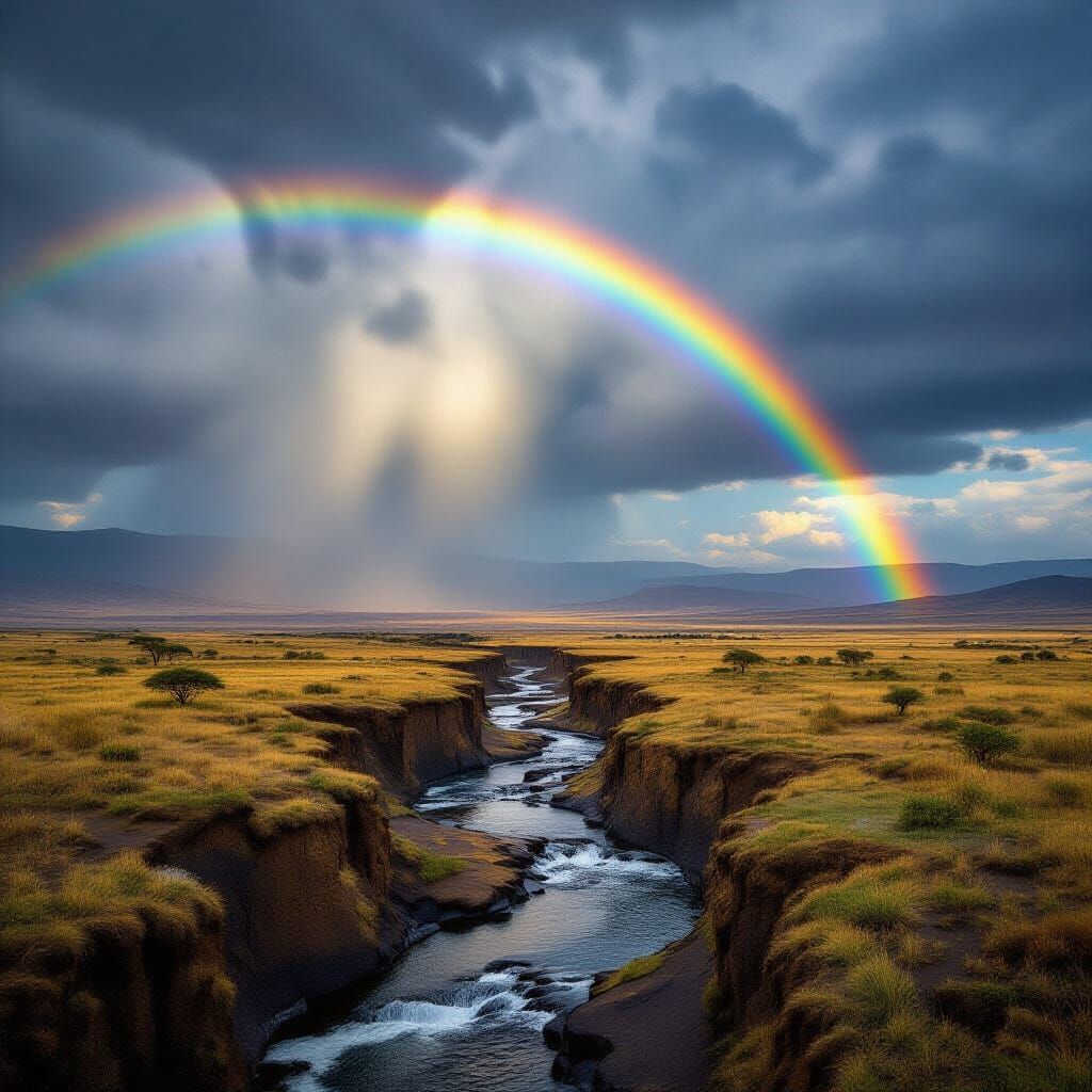 Great Rift Valley Storm with Rainbow and Flowing Water