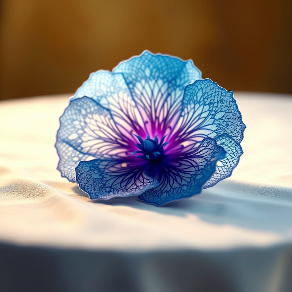 Delicate, Electric Blue Flower on White Tablecloth