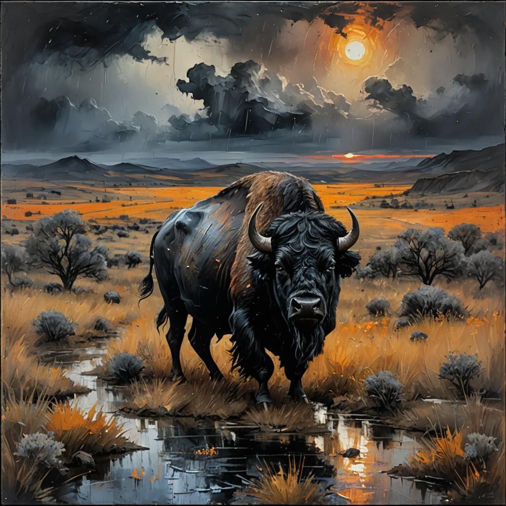 Black Buffalo in Encaustic Impasto Painting
