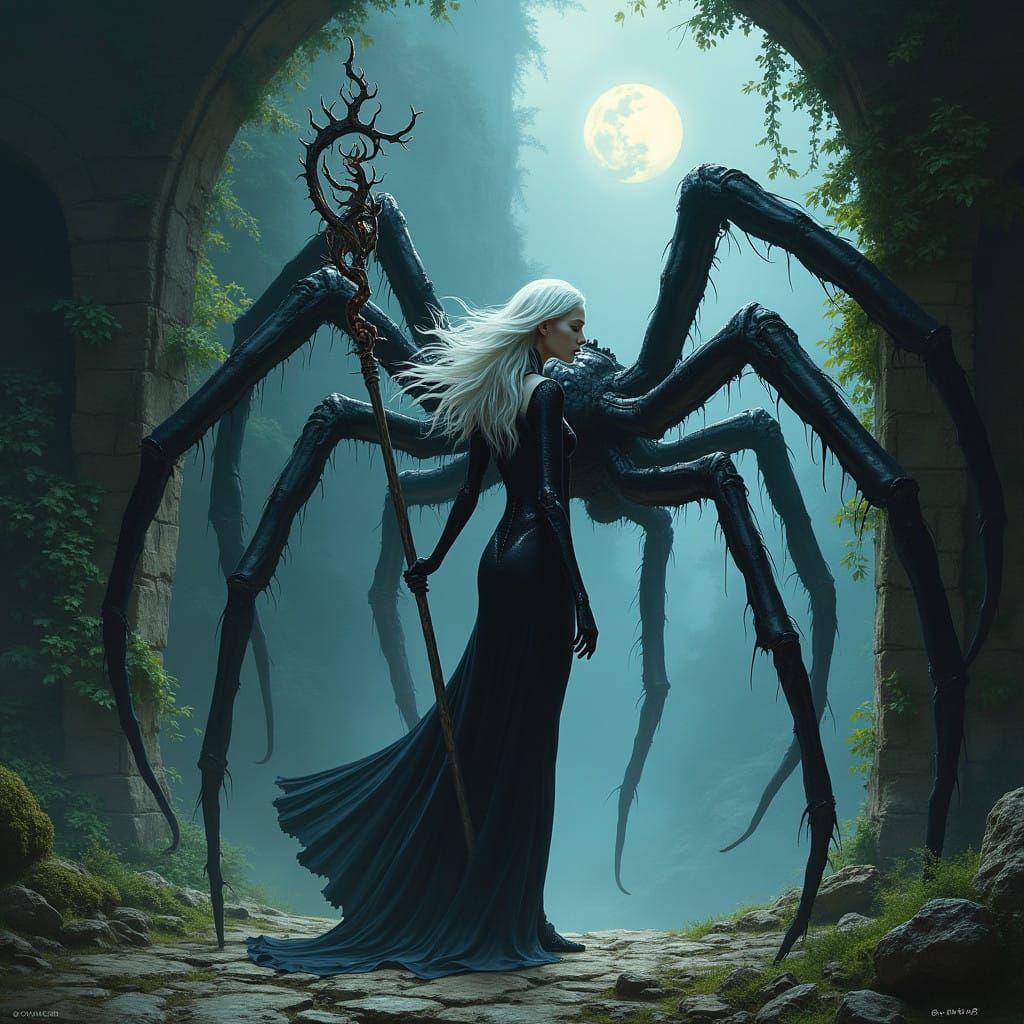 Majestic Female Drider at Ancient Ruin Entrance in Dark Fant...