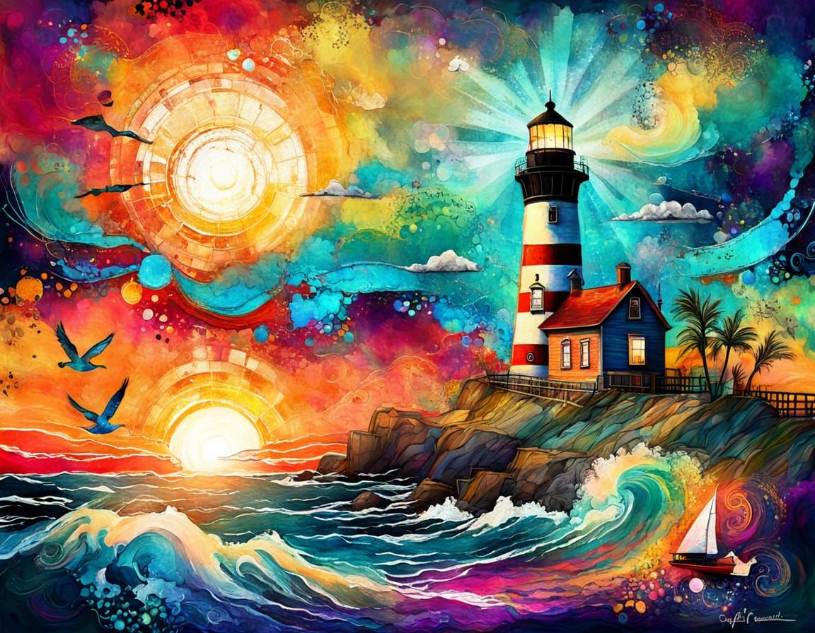 Lighthouse at Sunset in Dynamic Mixed Media Art