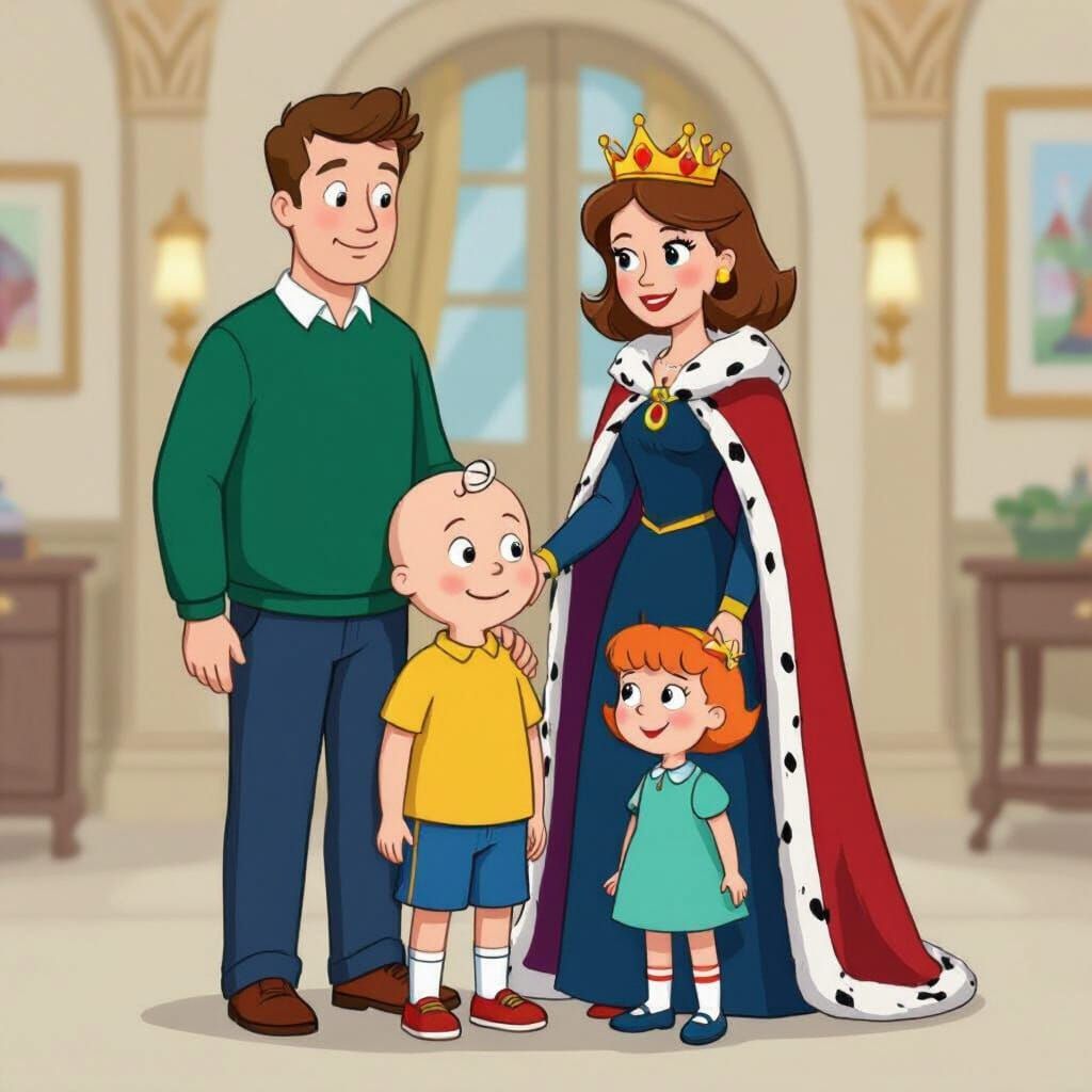 Caillou Family Poses Outside House in Photorealistic Style