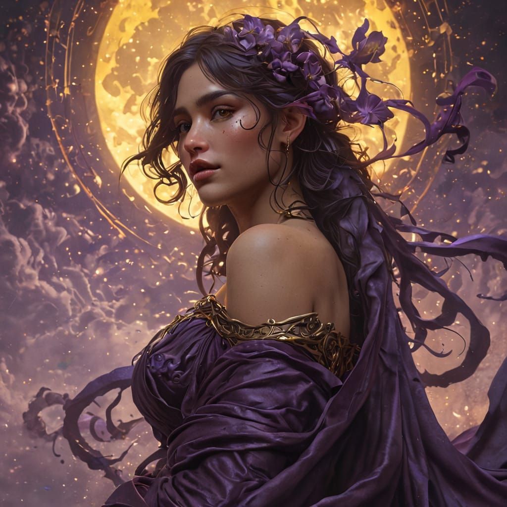 Ethereal Figure Reaches for Celestial Vortex in Rich, Dark F...