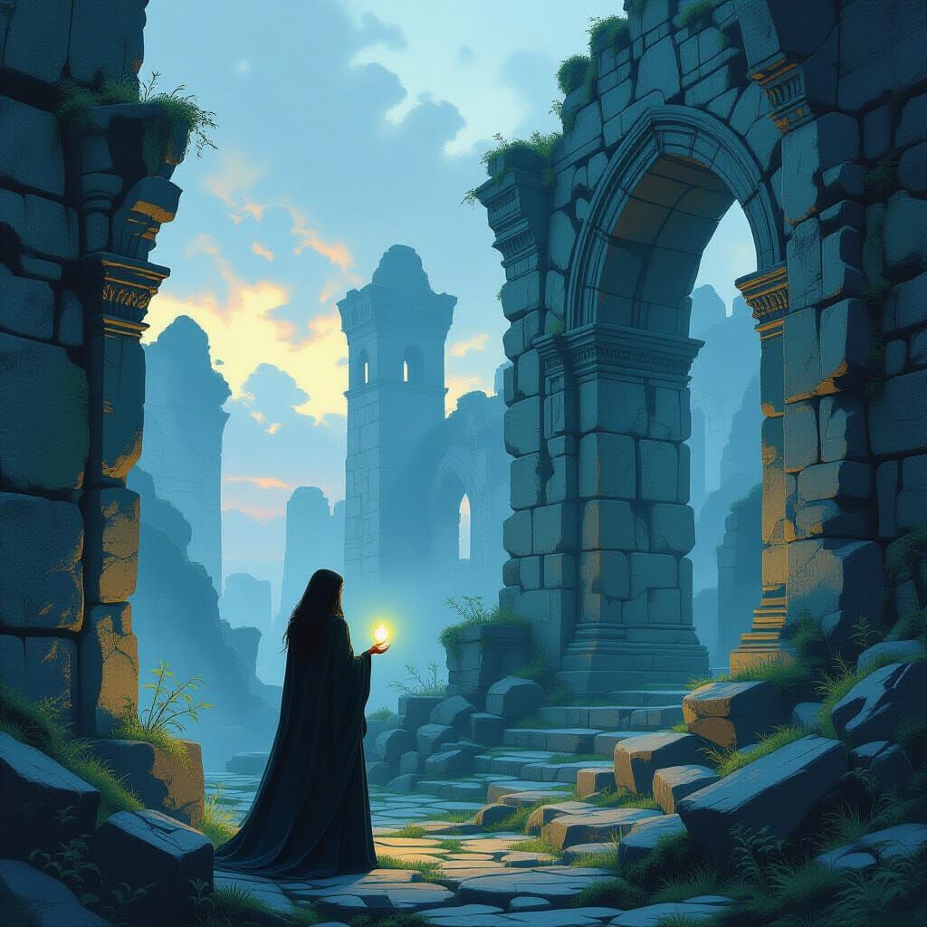 Twilight Ruins: Woman with Glowing Artifact in Airbrush Styl...