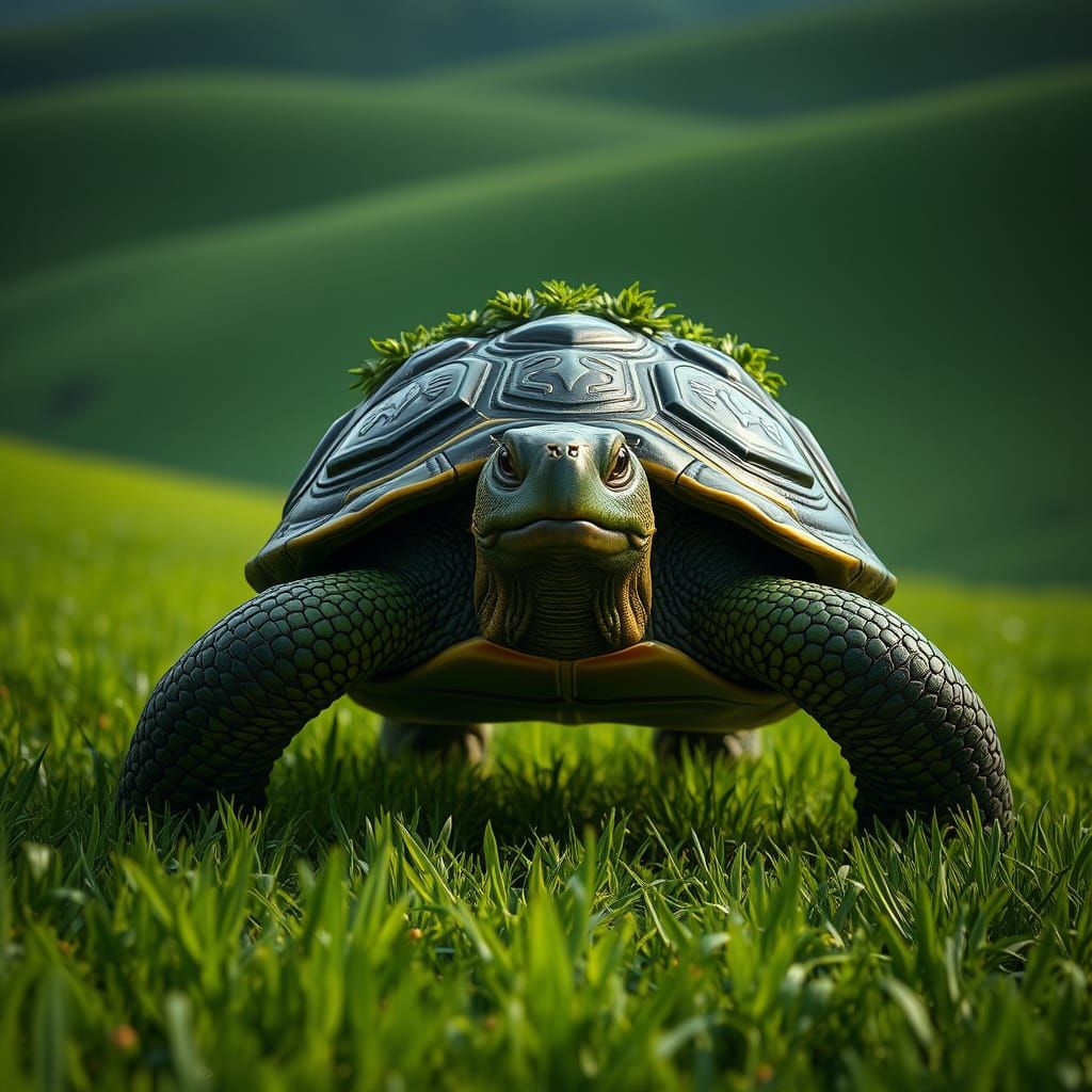 Opulent Turtle with Golden Accents on Emerald Meadow