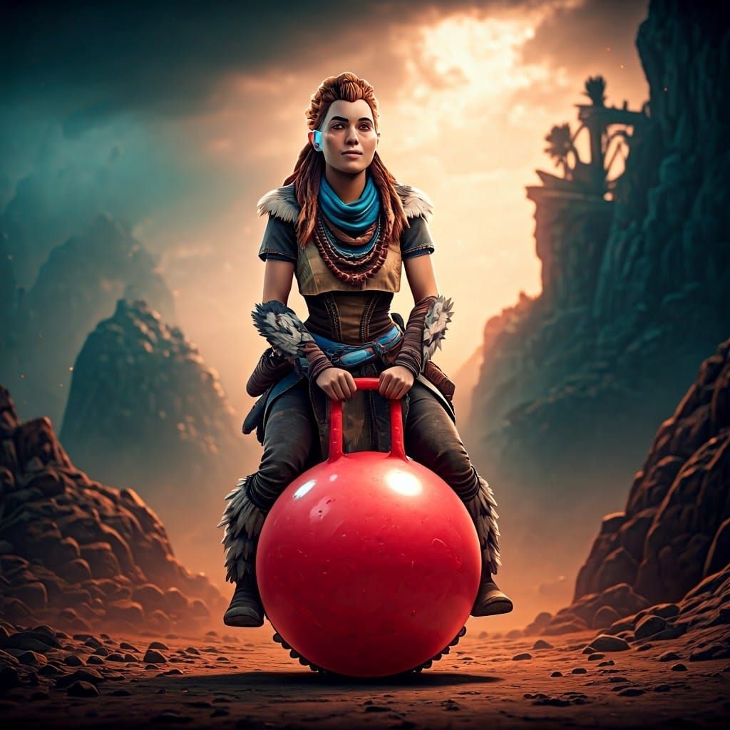 Aloy on Red Space Hopper in Hyperrealistic Style