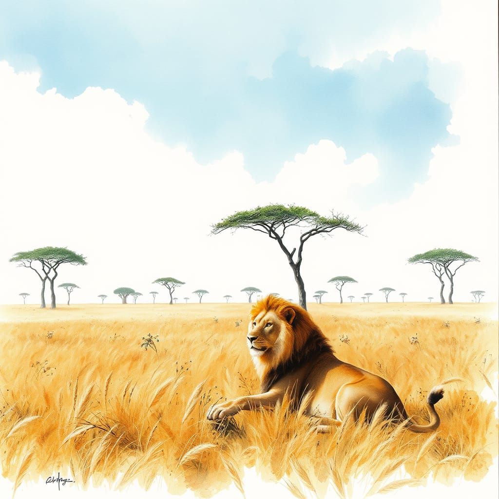 Savannah Sunset with Regal Lion in Golden Grasses