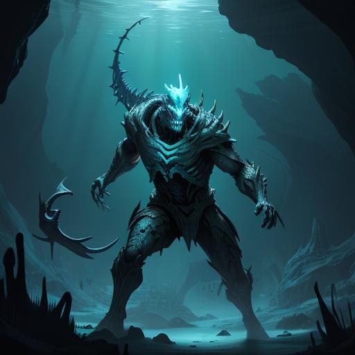 Underwater Zombie Lureling in Eerie Cave, Digital Art